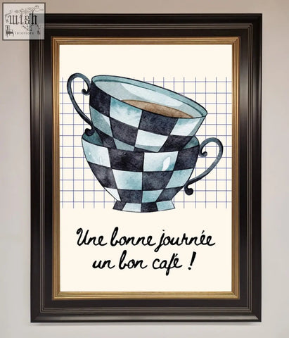 Black and light blue checkered watercolor blue teacup stack in a framed wall art perfect for kitchen decor