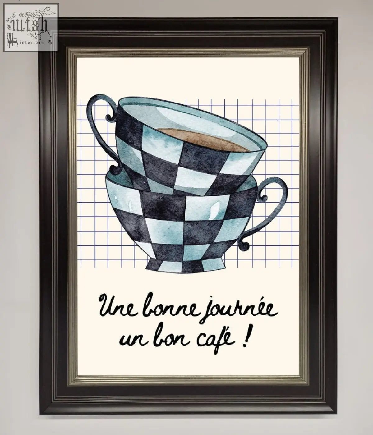 Watercolor framed wall art of a blue teacup stack with black and light blue checkered pattern in dark wood frame