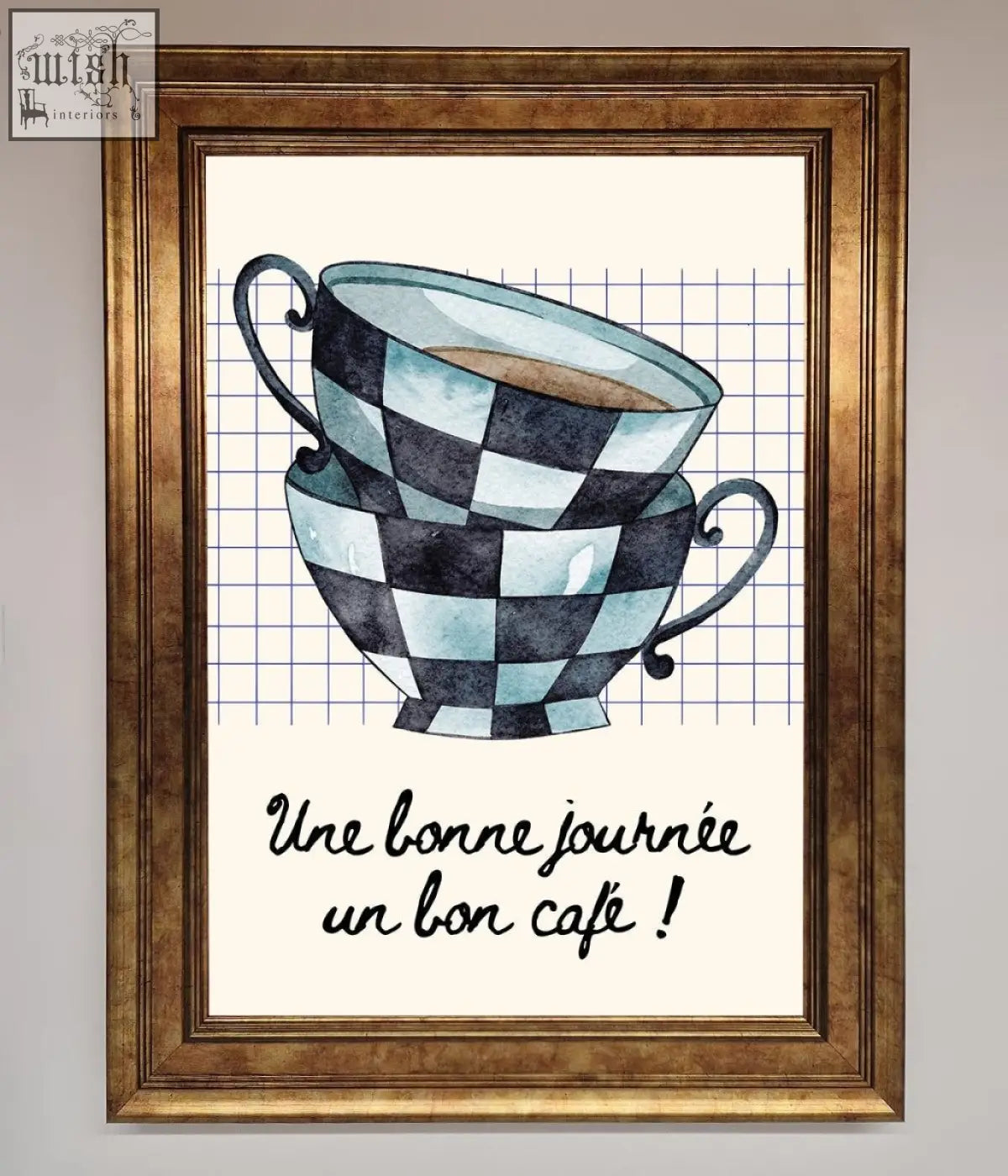 Watercolor illustration of a blue teacup stack with black and light blue checkered pattern framed wall art