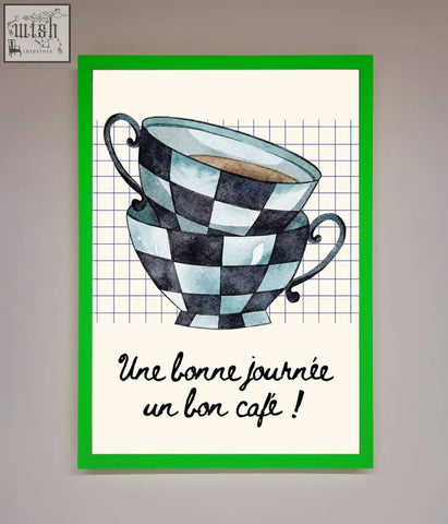 Watercolor illustration of a blue teacup stack with black and light blue checkerboard pattern in framed wall art