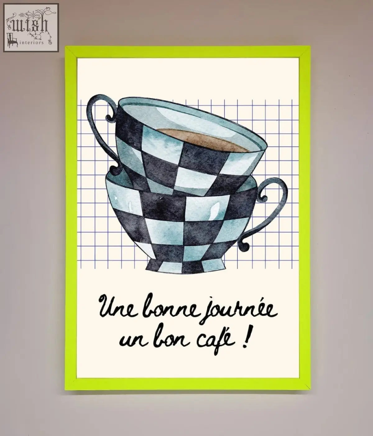 Watercolor illustration of a blue teacup stack with black and light blue checkered pattern in framed wall art