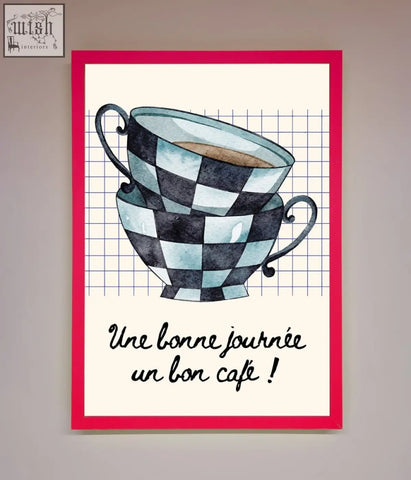 Watercolor illustration of a blue teacup stack with black and light blue checkerboard pattern framed wall art