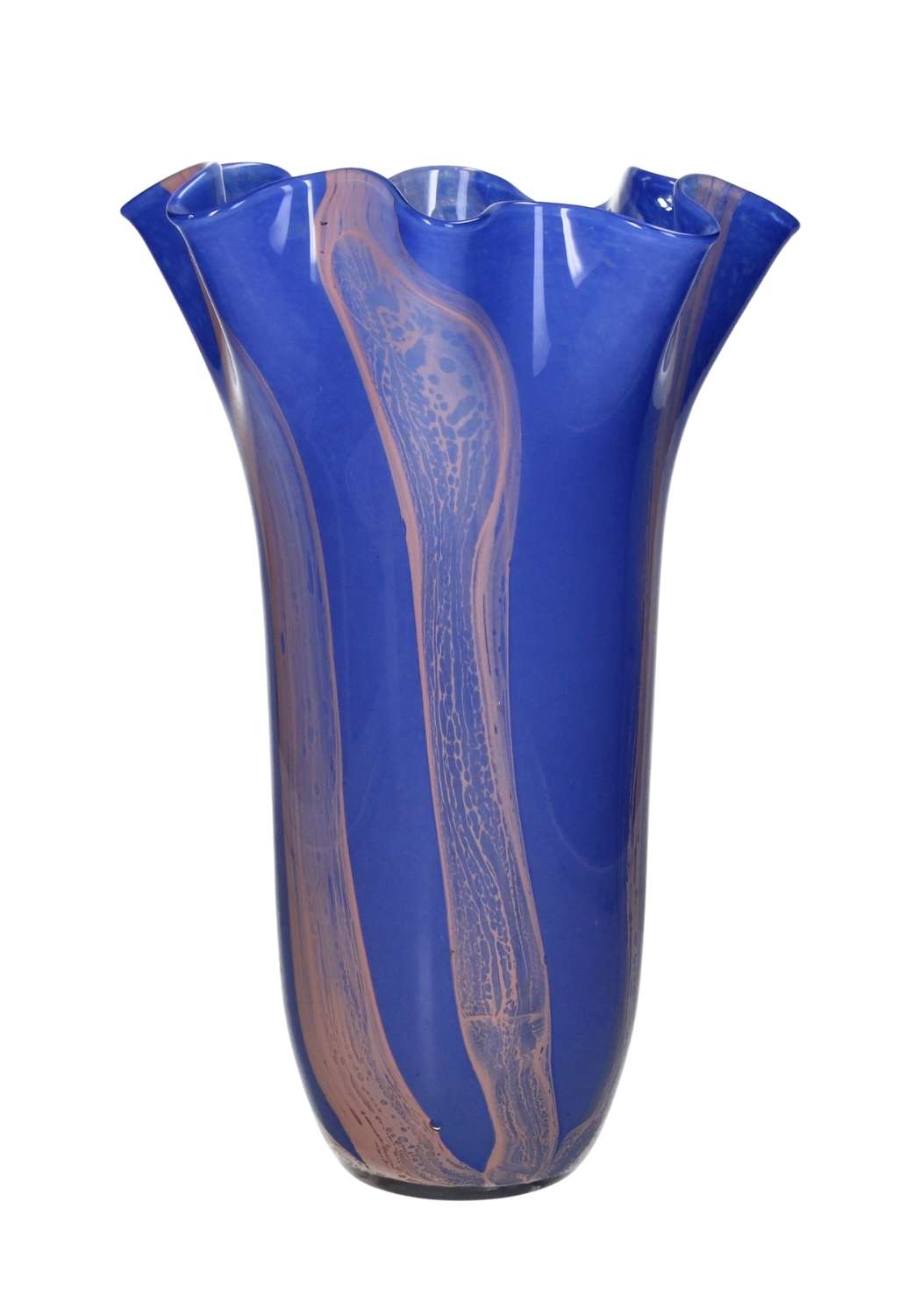 A vibrant cobalt blue glass vase with flowing pink and white swirls and a fluted scallop rim