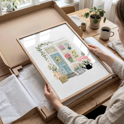 A framed blue door watercolor wall art with potted flowers perfect for a dining room flower shop decor set of 3