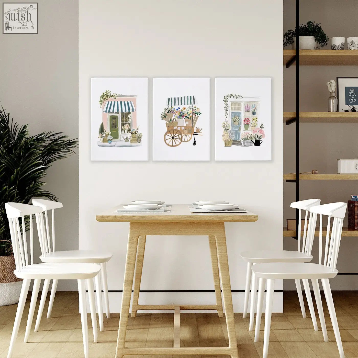 Light wood dining table with slender legs paired with blue wall art canvas set featuring flower shop prints for dining room