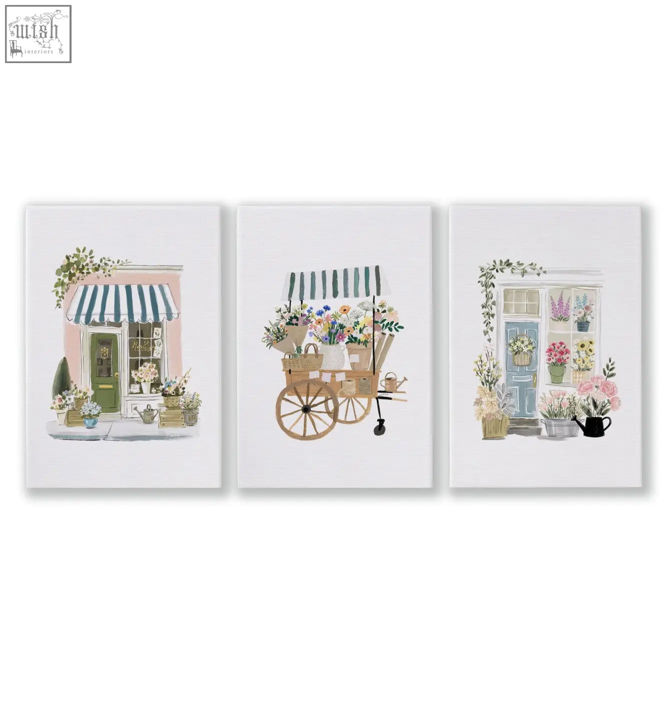 Set of 3 blue wall art canvases featuring pastel flower shop buildings and vibrant floral arrangements for dining room decor