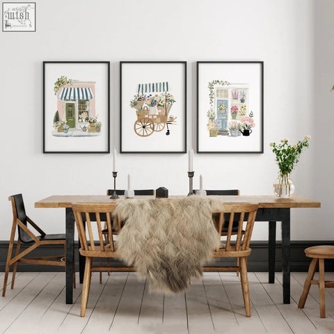 Set of 3 blue wall art with botanical flower shop and market cart prints in sleek black frames perfect for dining room decor