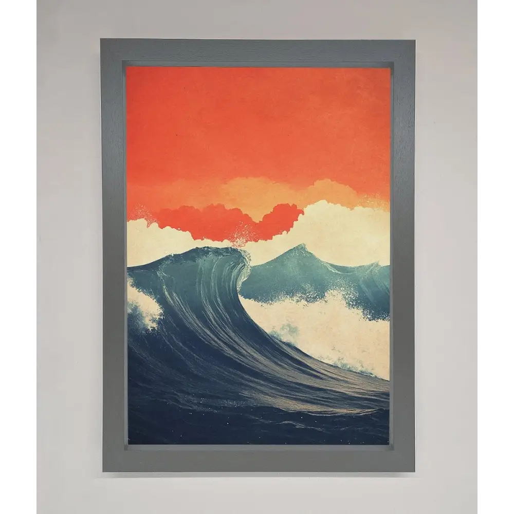 Blue Waves Crash Red Sunset Framed Poster - A3 (29.7 x 42 cm) / Dark Grey - Framed Print