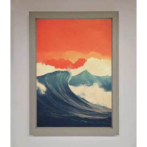 Blue Waves Crash Red Sunset Framed Poster - A3 (29.7 x 42 cm) / Grey - Framed Print