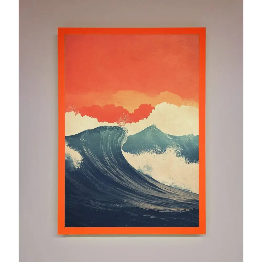 Blue Waves Crash Red Sunset Framed Poster - A3 (29.7 x 42 cm) / Neon Orange - Framed Print