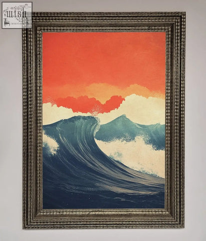 A framed poster of blue waves crash under a vibrant red sunset in an ornate dark metallic frame