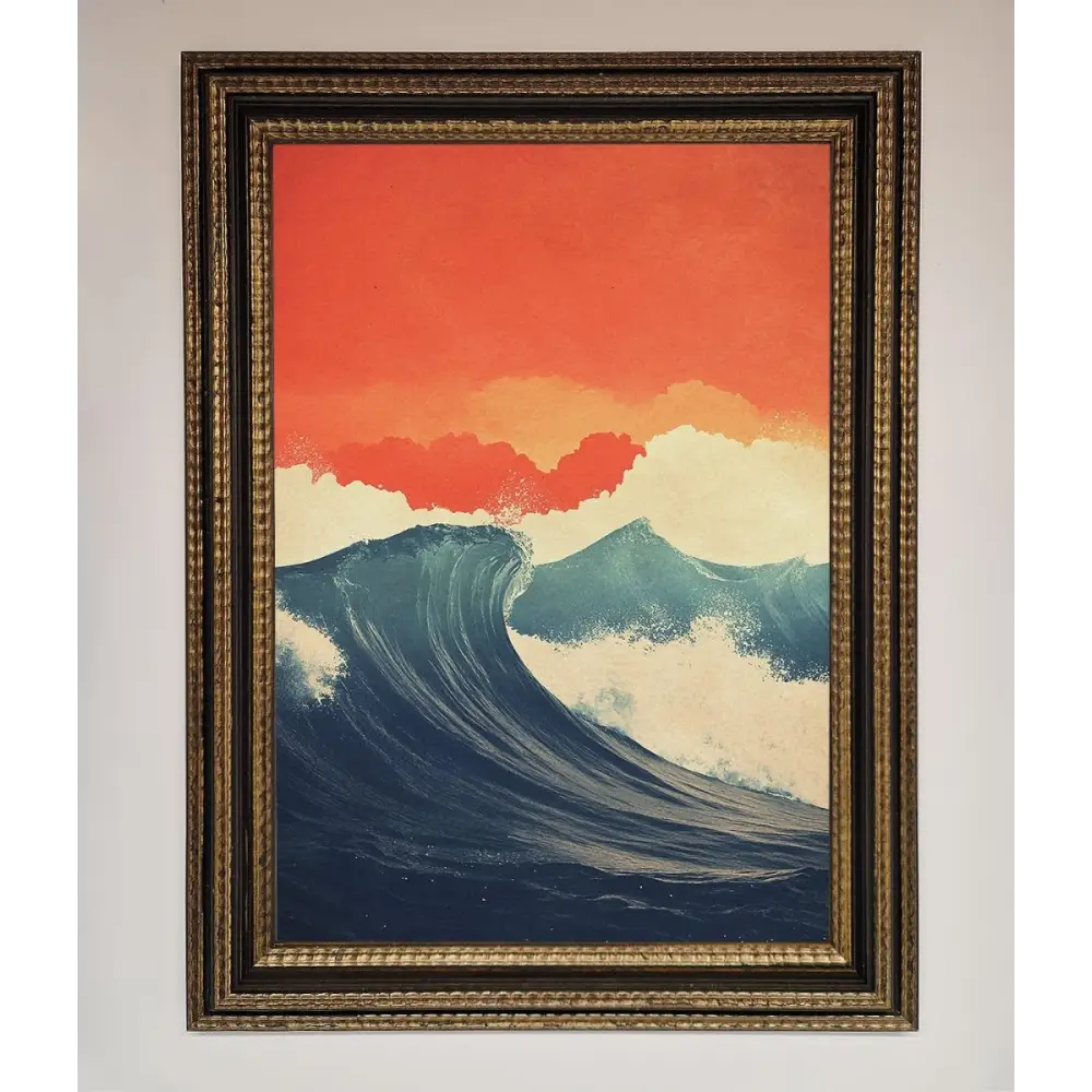 Blue Waves Crash Red Sunset Framed Poster - A3 (29.7 x 42 cm) / Ornate Gold Black - Framed Print
