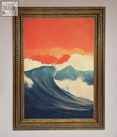 A framed poster featuring blue waves crash under a red sunset with an ornate gold-colored frame