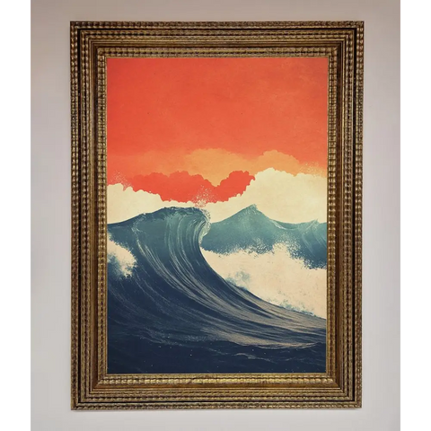 Blue Waves Crash Red Sunset Framed Poster - A3 (29.7 x 42 cm) / Ornate Gold - Framed Print