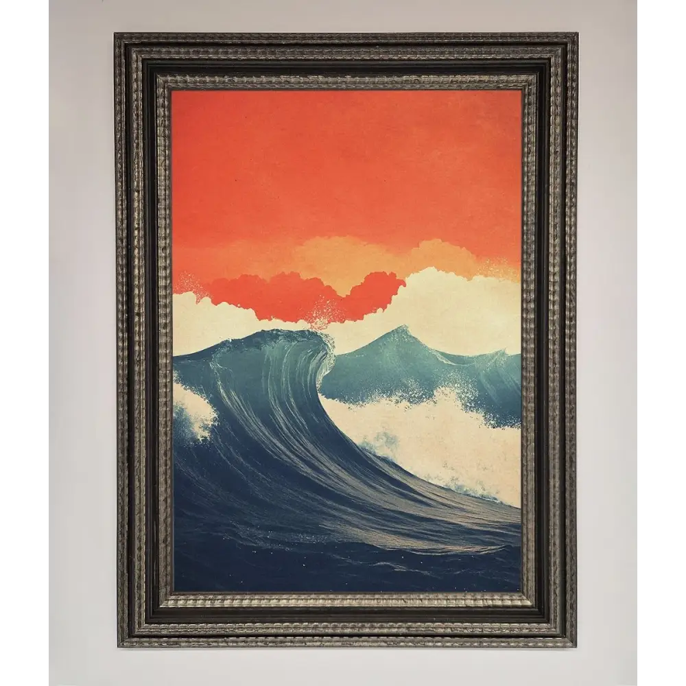 Blue Waves Crash Red Sunset Framed Poster - A3 (29.7 x 42 cm) / Ornate Silver Black - Framed Print