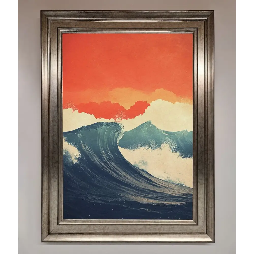 Blue Waves Crash Red Sunset Framed Poster - A3 (29.7 x 42 cm) / Silver - Framed Print