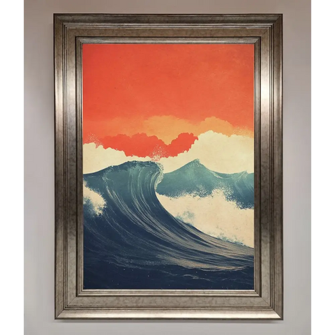 Blue Waves Crash Red Sunset Framed Poster - A3 (29.7 x 42 cm) / Silver - Framed Print