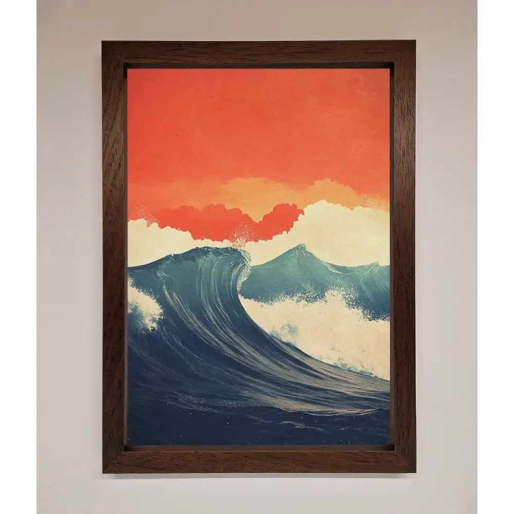 Blue Waves Crash Red Sunset Framed Poster - A3 (29.7 x 42 cm) / Walnut - Framed Print