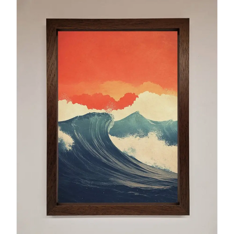 Blue Waves Crash Red Sunset Framed Poster - A3 (29.7 x 42 cm) / Walnut - Framed Print