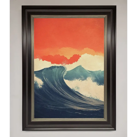 Blue Waves Crash Red Sunset Framed Poster - B0 (100 x 141 cm) / Black Silver - Framed Print