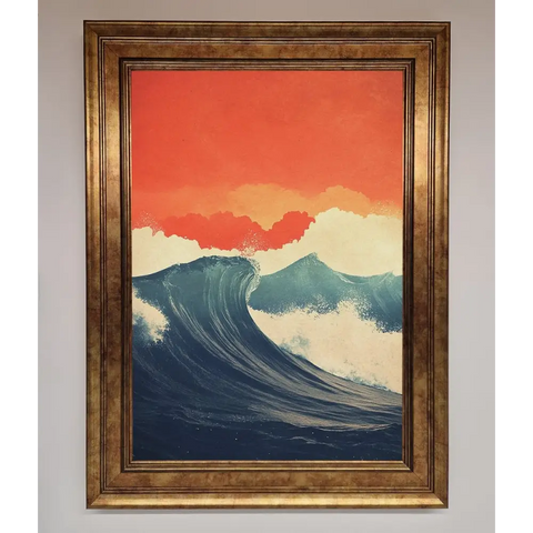 Blue Waves Crash Red Sunset Framed Poster - B0 (100 x 141 cm) / Bronze - Framed Print