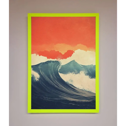 Blue Waves Crash Red Sunset Framed Poster - B0 (100 x 141 cm) / Neon Green - Framed Print