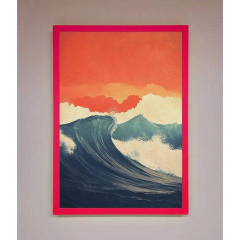 Blue Waves Crash Red Sunset Framed Poster - B0 (100 x 141 cm) / Neon Pink - Framed Print