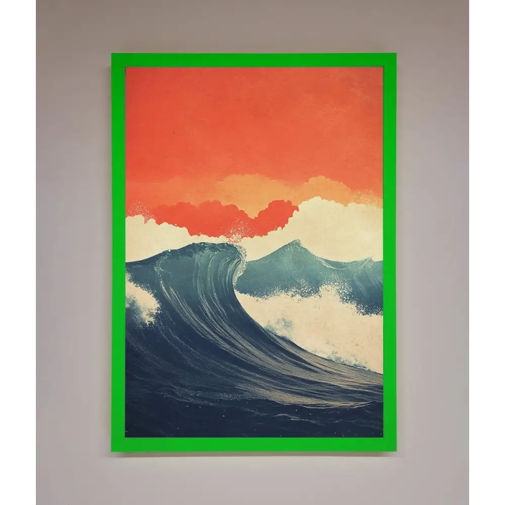 Blue Waves Crash Red Sunset Framed Poster - B0 (100 x 141 cm) / Neon Dark Green - Framed Print