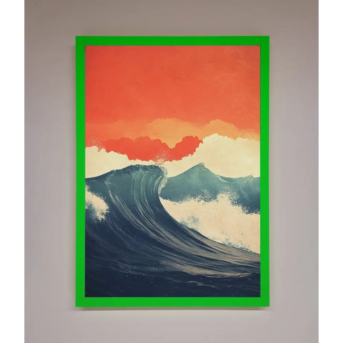 Blue Waves Crash Red Sunset Framed Poster - B0 (100 x 141 cm) / Neon Dark Green - Framed Print