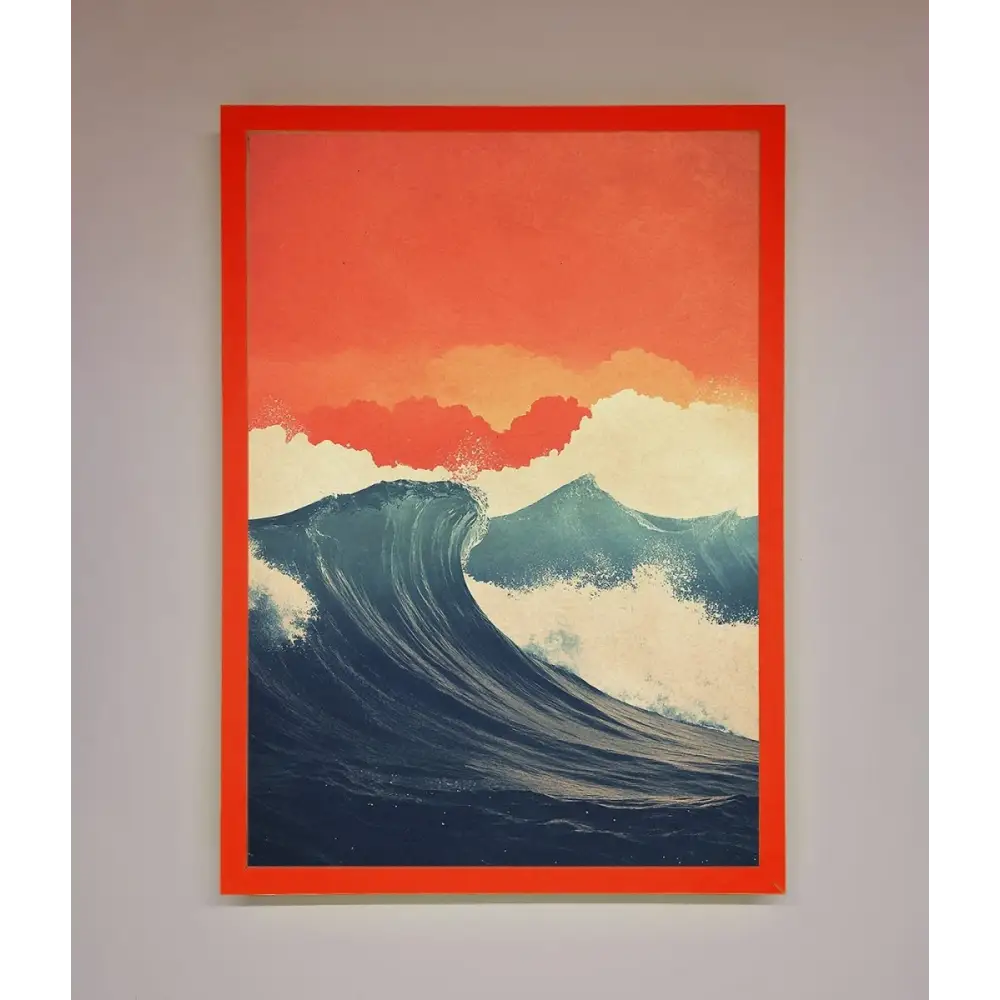 Blue Waves Crash Red Sunset Framed Poster - B0 (100 x 141 cm) / Neon Red - Framed Print