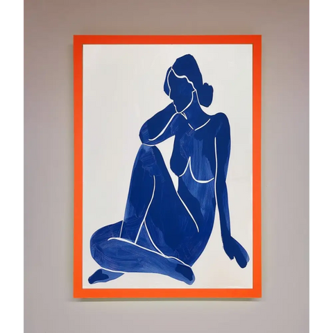 Blue Woman Pose Matisse Style Framed Print - A3 (29.7 x 42 cm) / Neon Orange - Framed Print