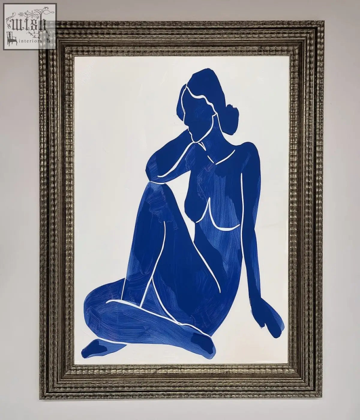 Blue woman pose framed print featuring a blue silhouette woman pose matisse in an ornate silver frame