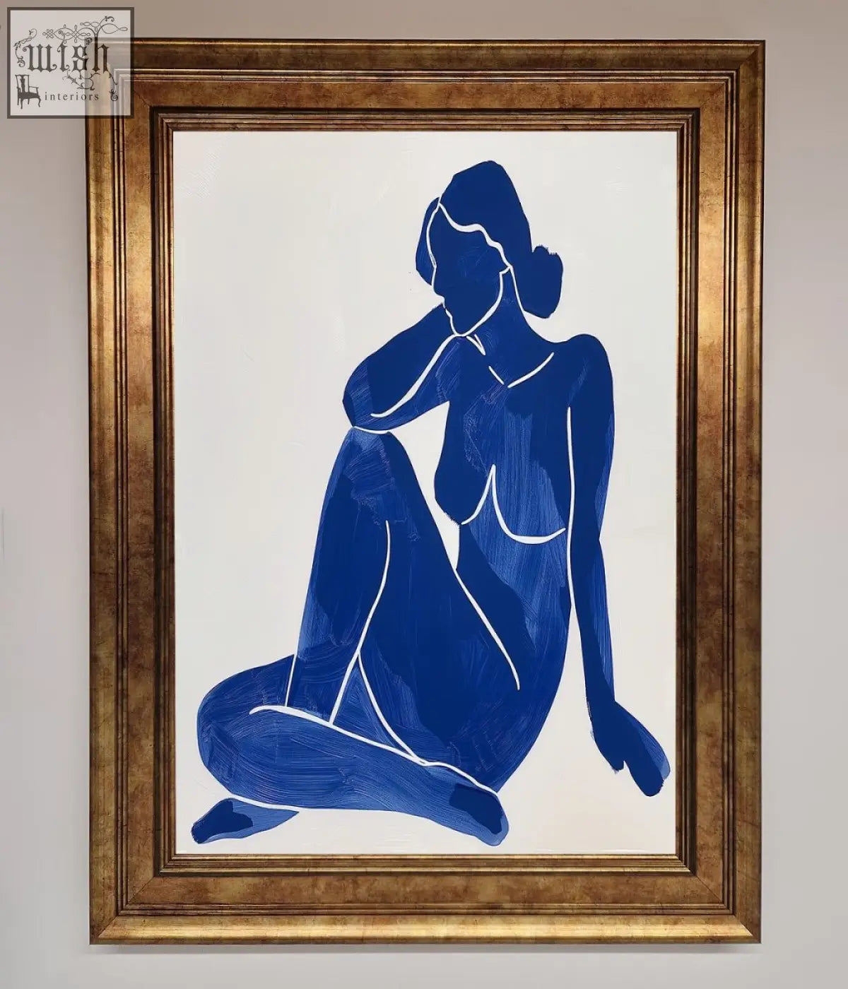 Blue woman pose framed print featuring a gold-framed blue silhouette painting of a woman pose matisse style