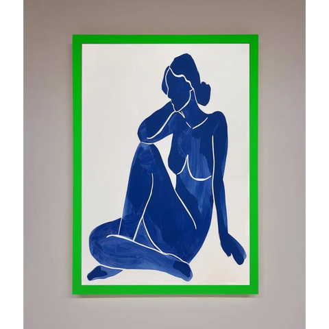 Blue Woman Pose Matisse Style Framed Print - B0 (100 x 141 cm) / Neon Dark Green - Framed Print