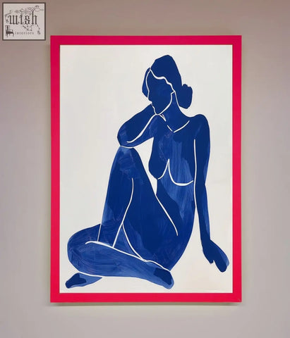 Framed print of a striking blue woman pose matisse style silhouette outlined in white with a bold red border