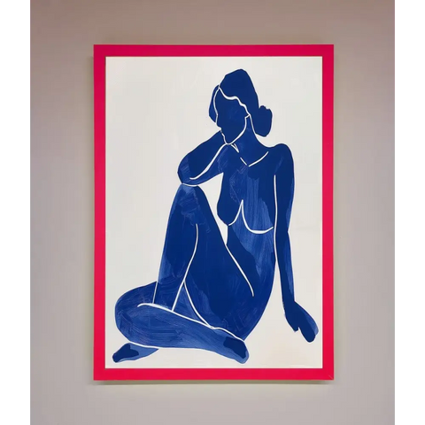 Blue Woman Pose Matisse Style Framed Print - B0 (100 x 141 cm) / Neon Pink - Framed Print
