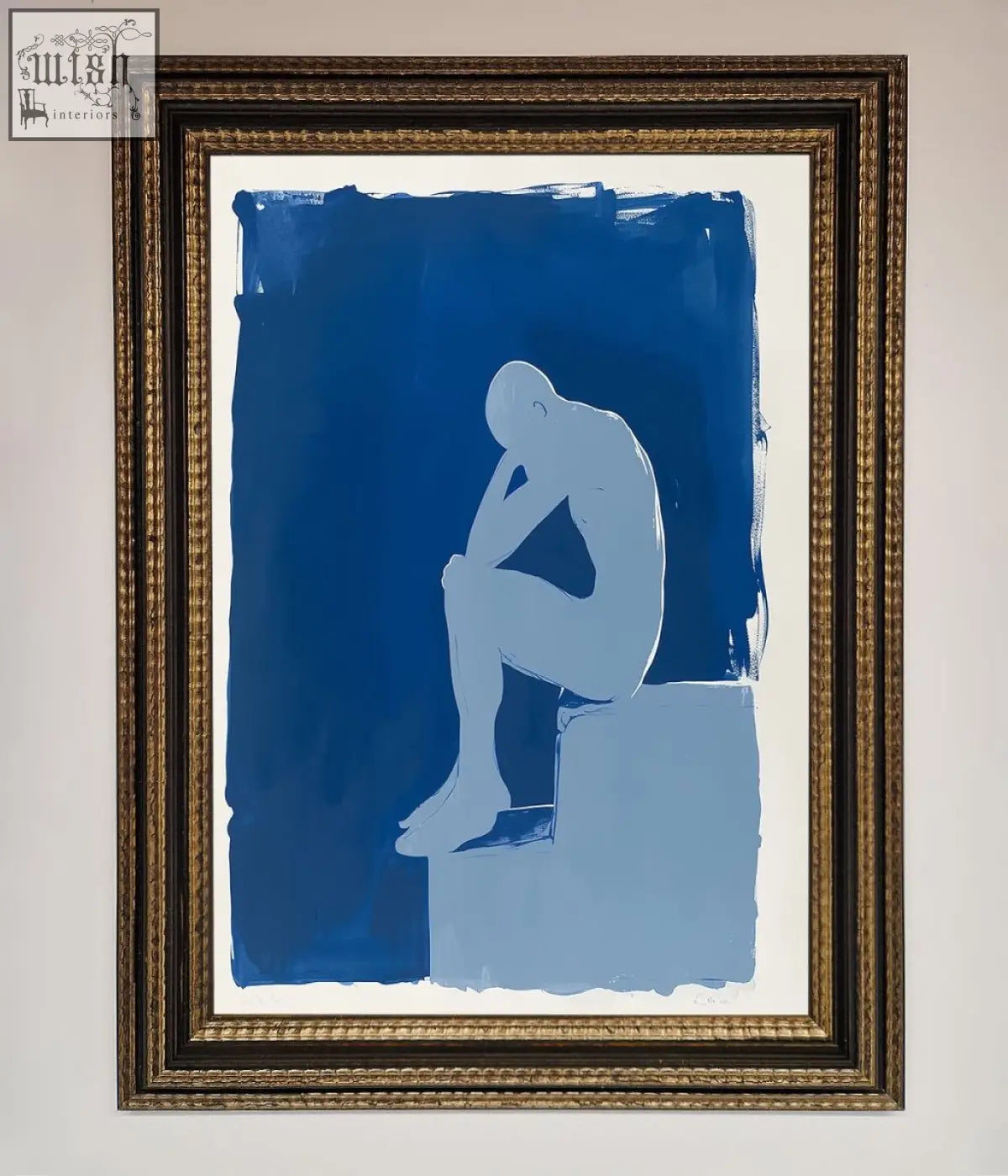 Blue and white abstract blues thinking framed print of a contemplative figure in a gold ornate frame