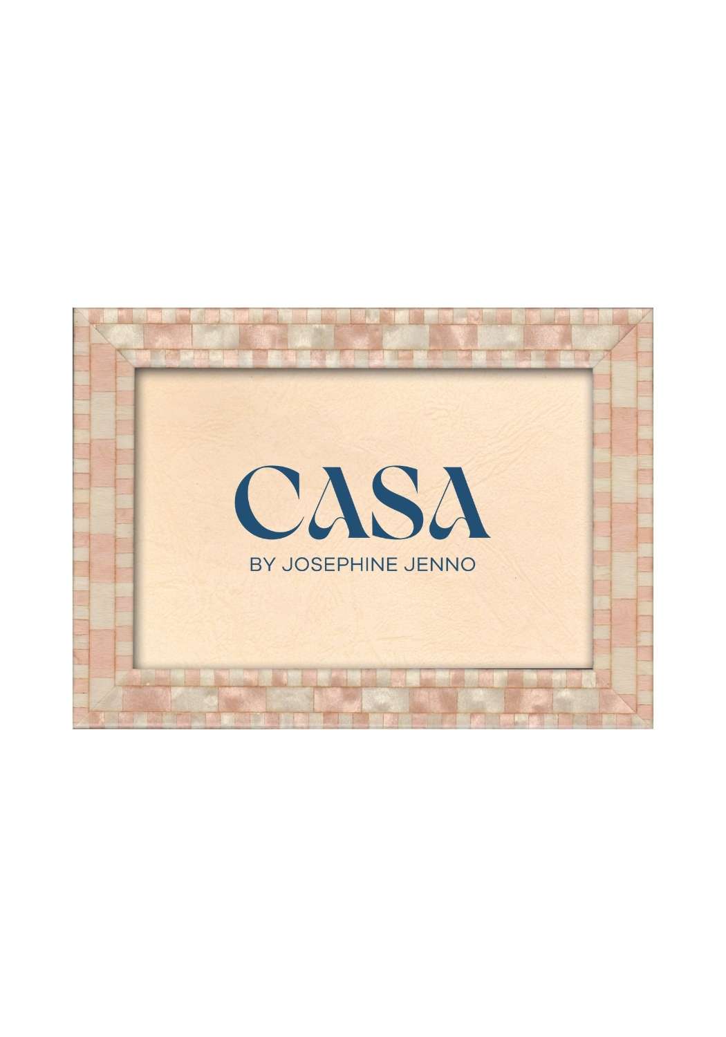 A rectangular blush pink mosaic wooden frame 7x5 featuring cream tiles and casa by josephine jenno logo on beige background