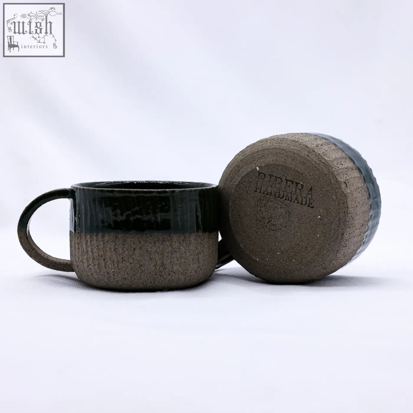 Handmade ceramic smoked grey stoneware mug with two-tone dark green and earthy brown glaze by bluverde arte handmade