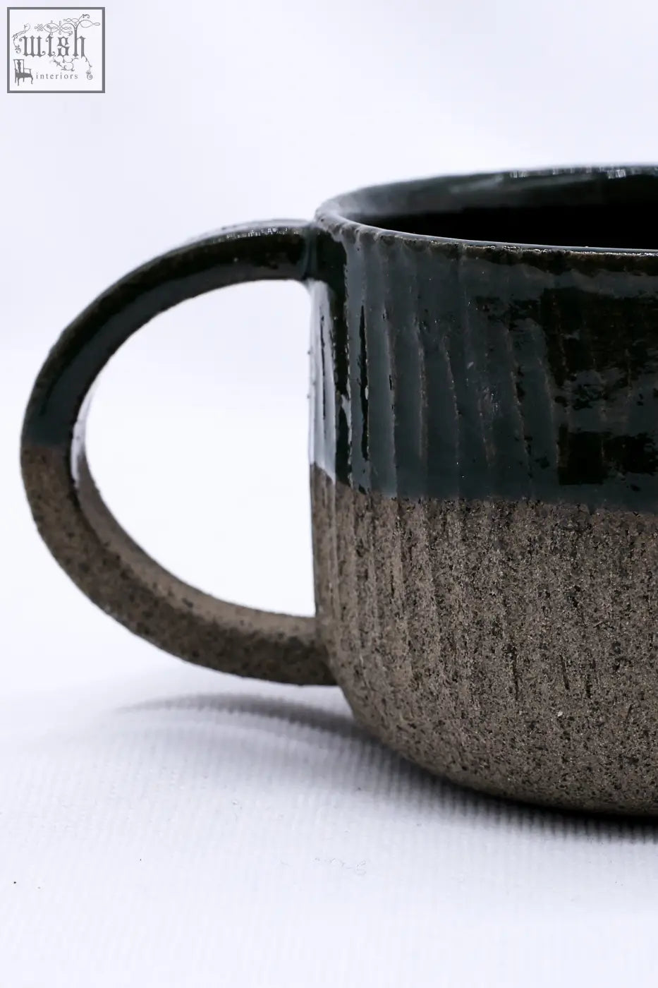 Handcrafted bluverde arte handmade ceramic smoked grey stoneware mug with glossy dark top and matte textured bottom