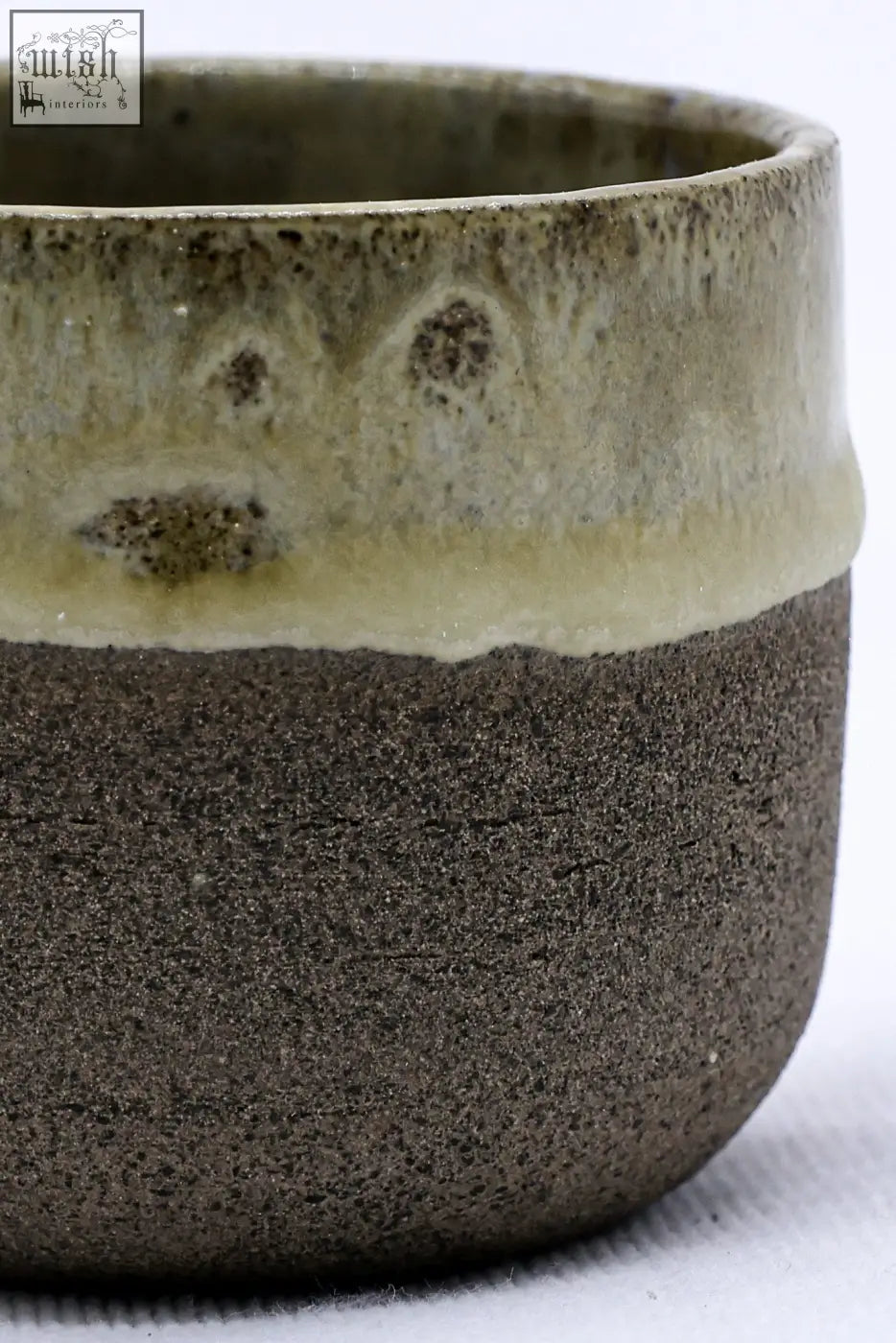 Rustic bluverde picollo grey handmade ceramic espresso mug with speckled green glaze and textured brown body