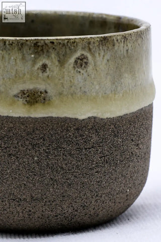 Rustic bluverde picollo grey handmade ceramic espresso mug with speckled green glaze and textured brown body