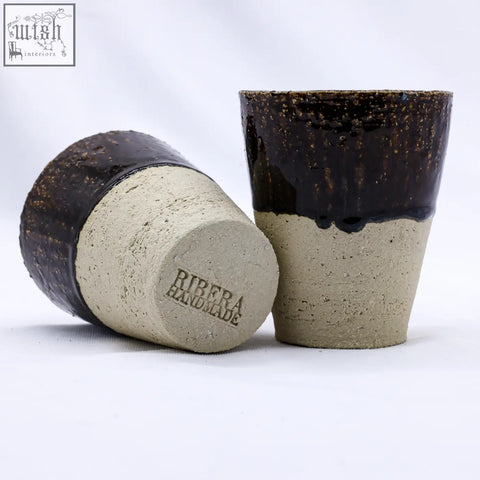 Handcrafted bluvio quadra milled stoneware tall ceramic cups with dark brown glaze top and textured beige base