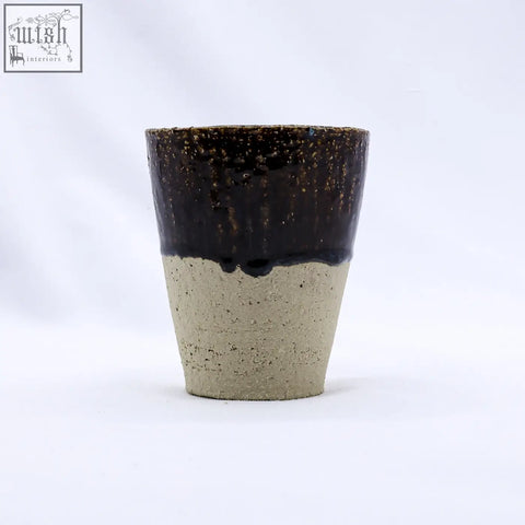 Handcrafted bluvio quadra milled tall ceramic cup with speckled dark brown glaze and unglazed beige stoneware lower half