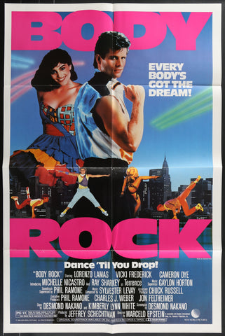 Vibrant pink and blue body rock 1984 movie poster featuring lorenzo lamas and vicki frederick dancing by city skyline