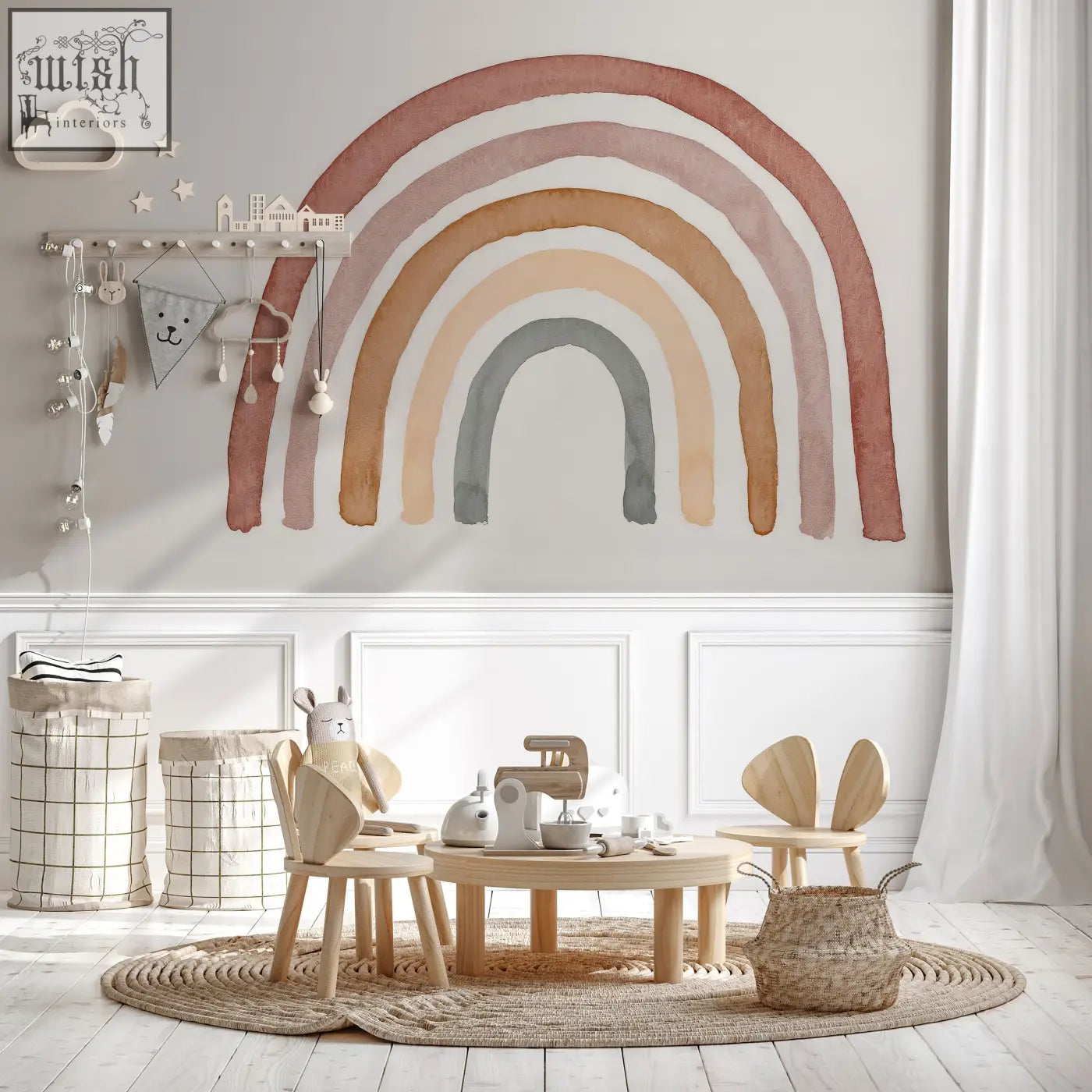 Bohemian rainbow wall decal in soft terracotta beige and gray tones perfect for nursery wall art and peel and stick use