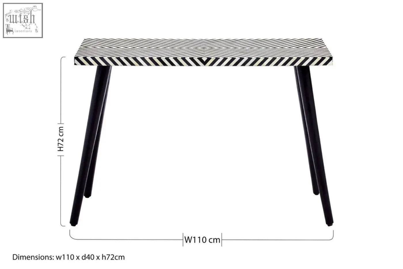 Boho black and white bone inlay console table with geometric patterns and sleek metal tapered legs