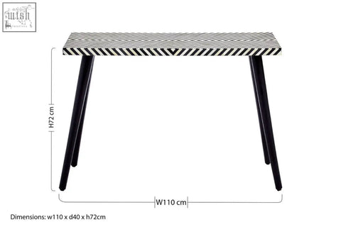 Boho black and white bone inlay console table with geometric patterns and sleek metal tapered legs