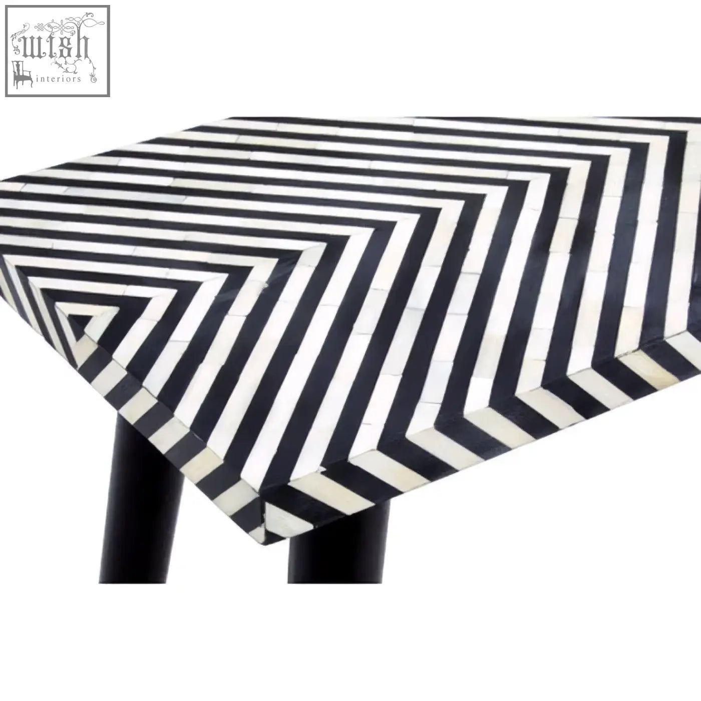 Boho black and white bone inlay console table with chevron pattern and sleek metal legs in modern design