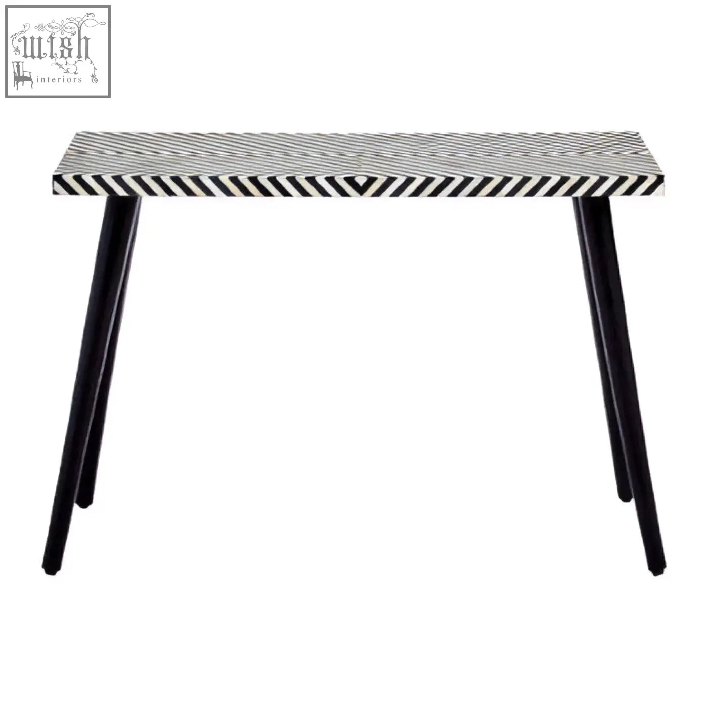 Boho black and white bone inlay console table with chevron pattern and sleek tapered metal legs